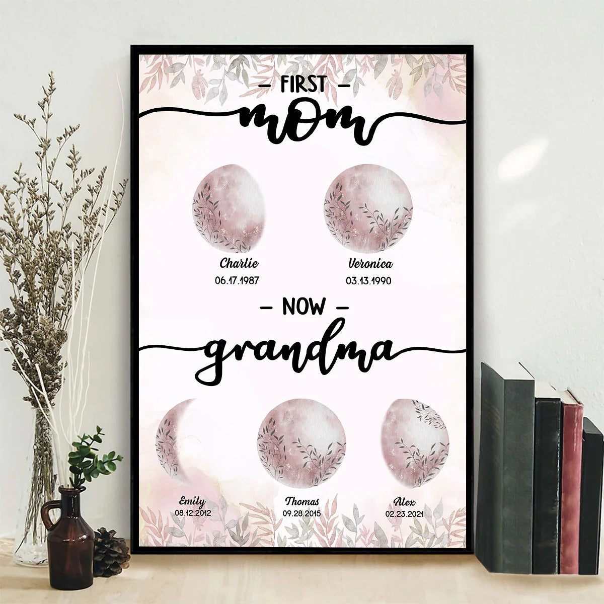 First Mom Now Grandma Custom Canvas Wall Art, Birth Moon Phase, Gift For Mom