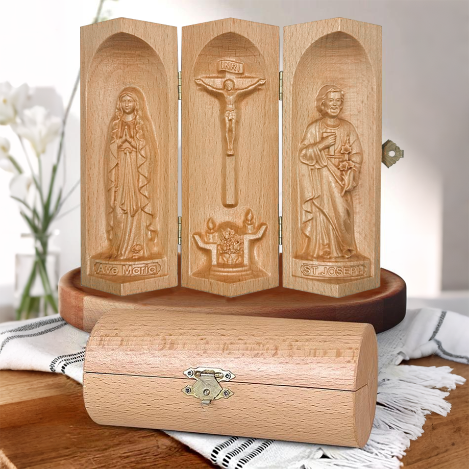 Ave Maria & St.Joseph Openable Wood Cylinder Sculpture Of Jesus Christ, Christian Merchandise, Christian Presents