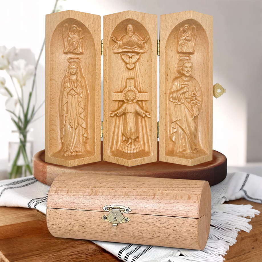 Virgin Mary, Infant Jesus And Saint Joseph Openable Wooden Cylinder Sculpture Of Jesus Christ, Christian Merchandise, Christian Gifts