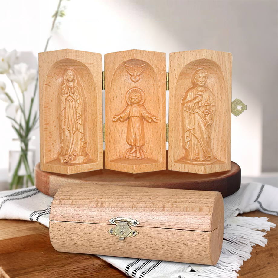 Virgin Mary, Infant Jesus And Saint Joseph Openable Wood Cylinder Sculpture Of Jesus Christ, Christian Merchandise, Christian Gifts