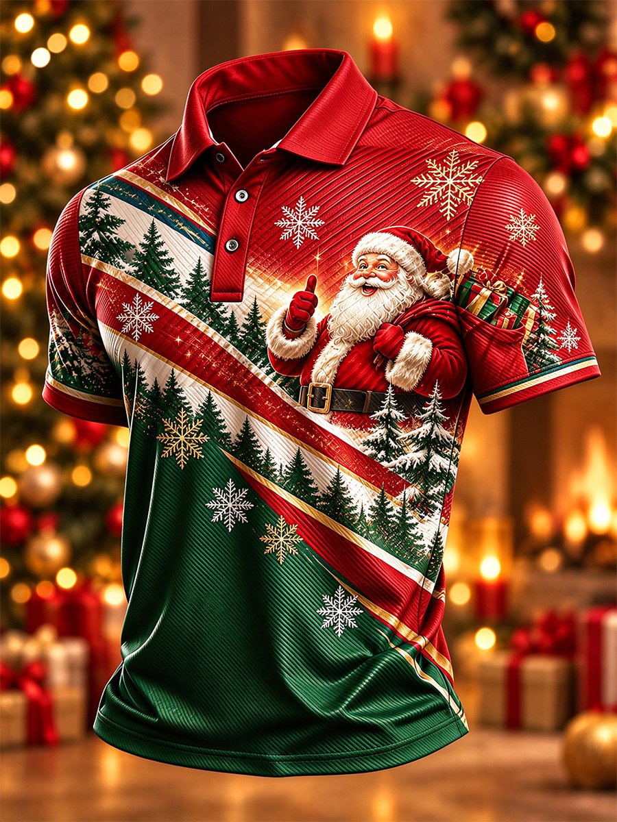 Thumbs Up Santa Diagonal Stripe Christmas Polo Shirt for Men