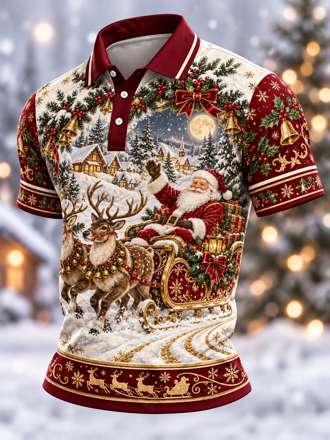 Santa Sleigh Reindeer Jingle Bells Christmas Polo Shirt for Men