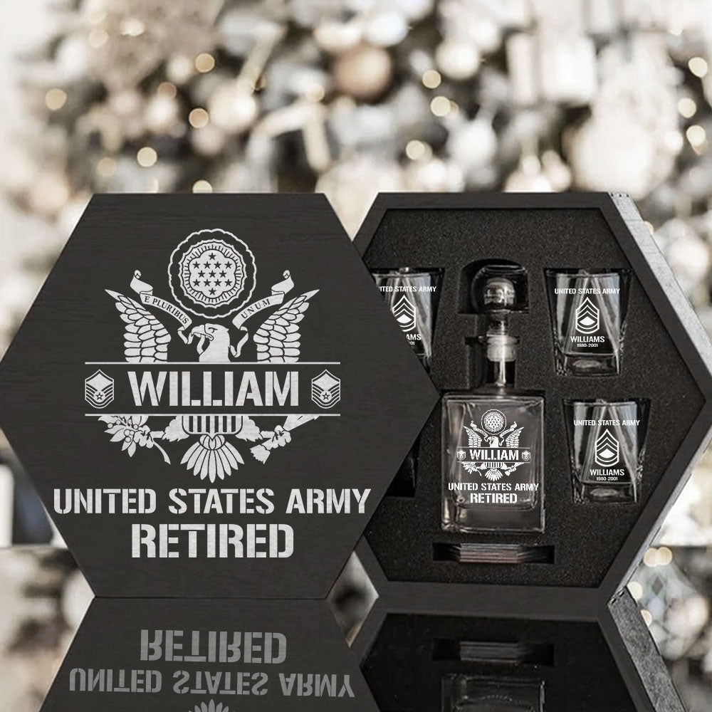 Custom All Branches Whiskey Hexagon Decanter Set Full, Veteran Military Retired Gift