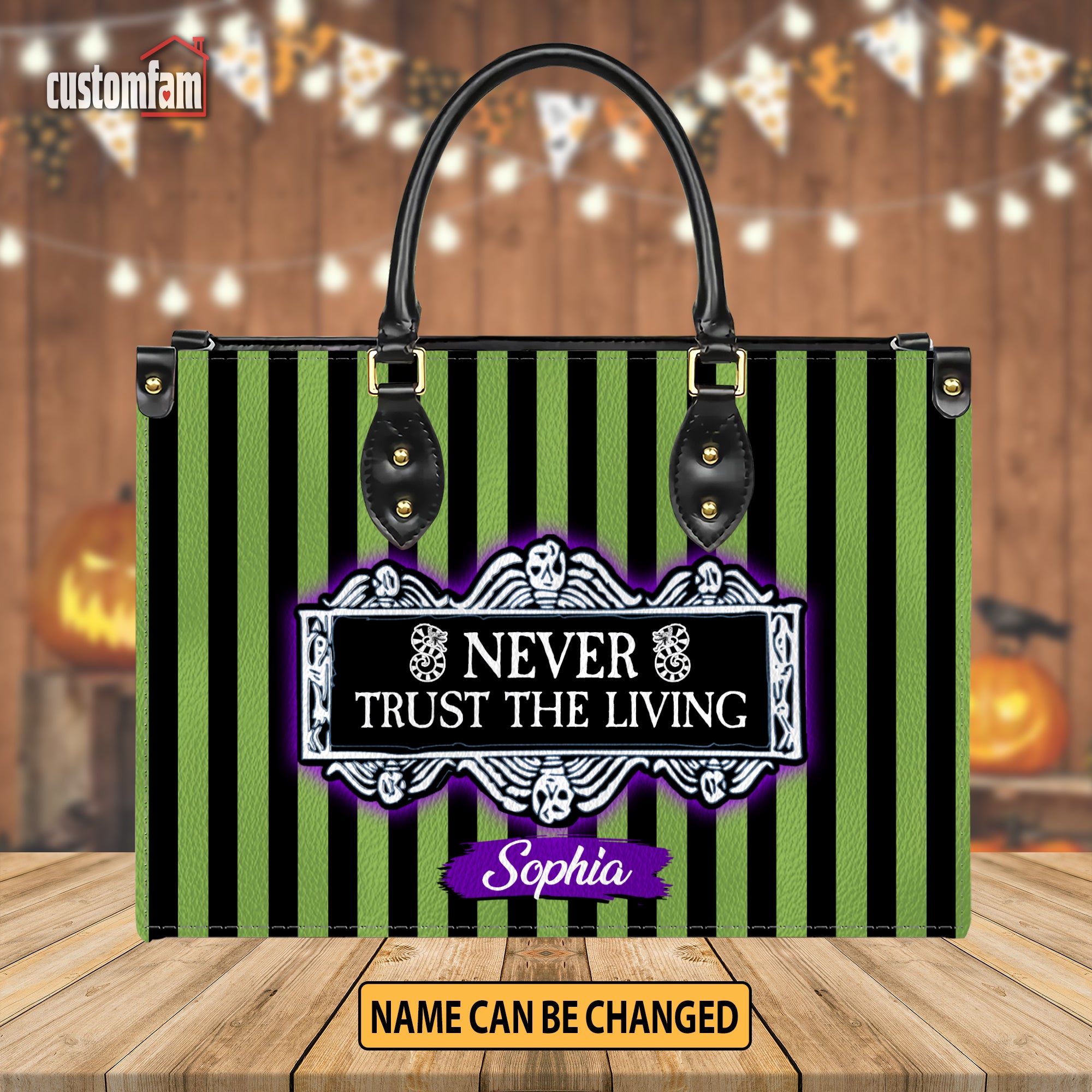 Never Trust The Living Personalized Halloween Leather Handbag, Horror Movie Purse