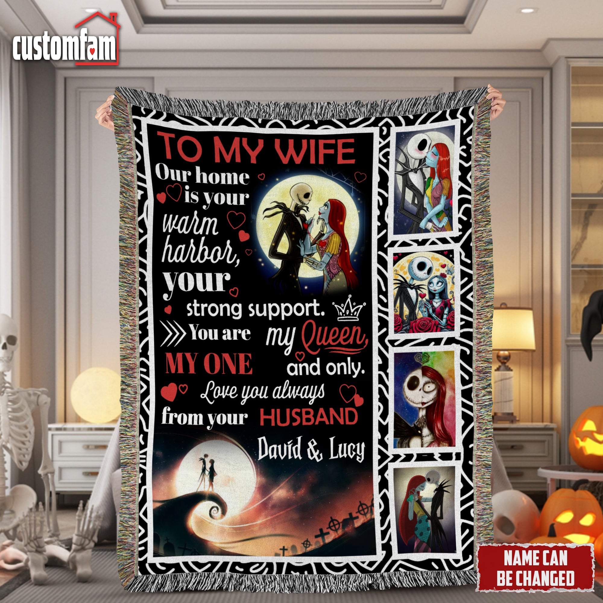 To My Wife Halloween Woven Blanket, The Nightmare Before Christmas, Halloween Room Decor