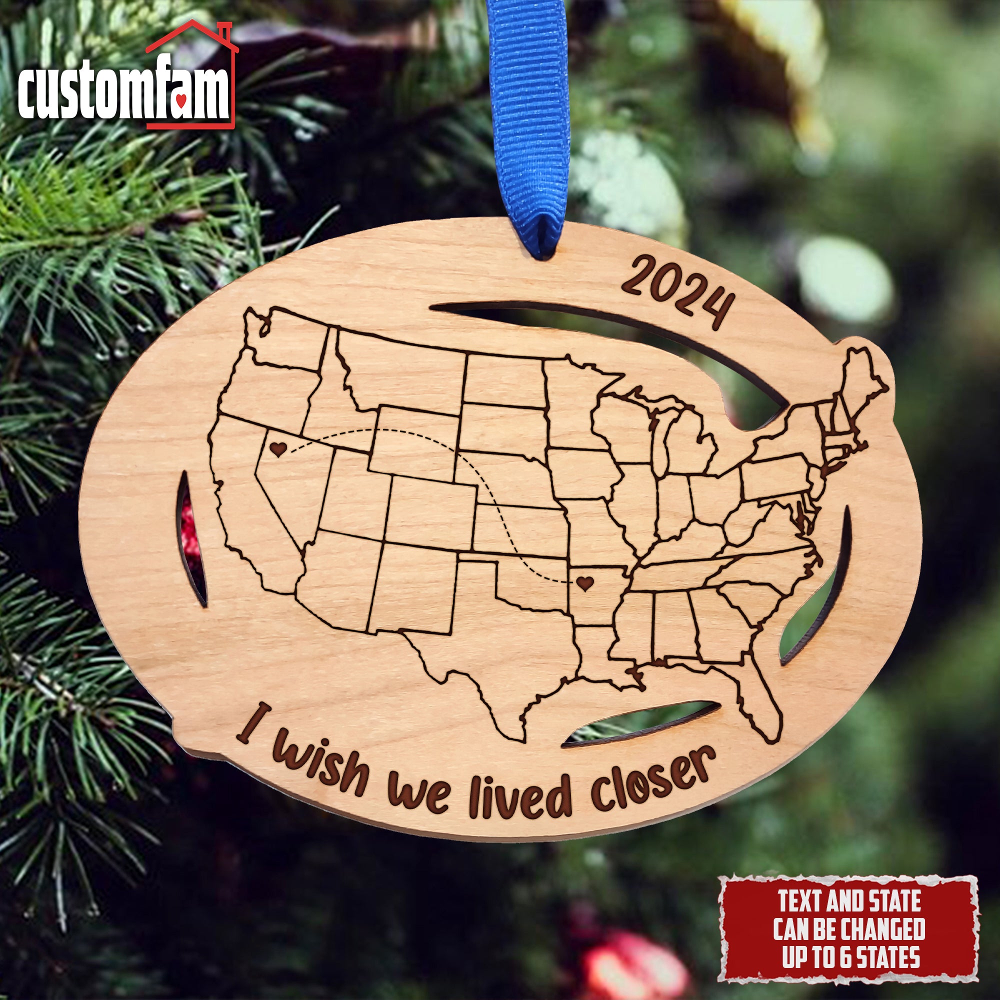 Personalized States Long Distance Wooden Ornament, Road Trip Travel, Christmas Gifts