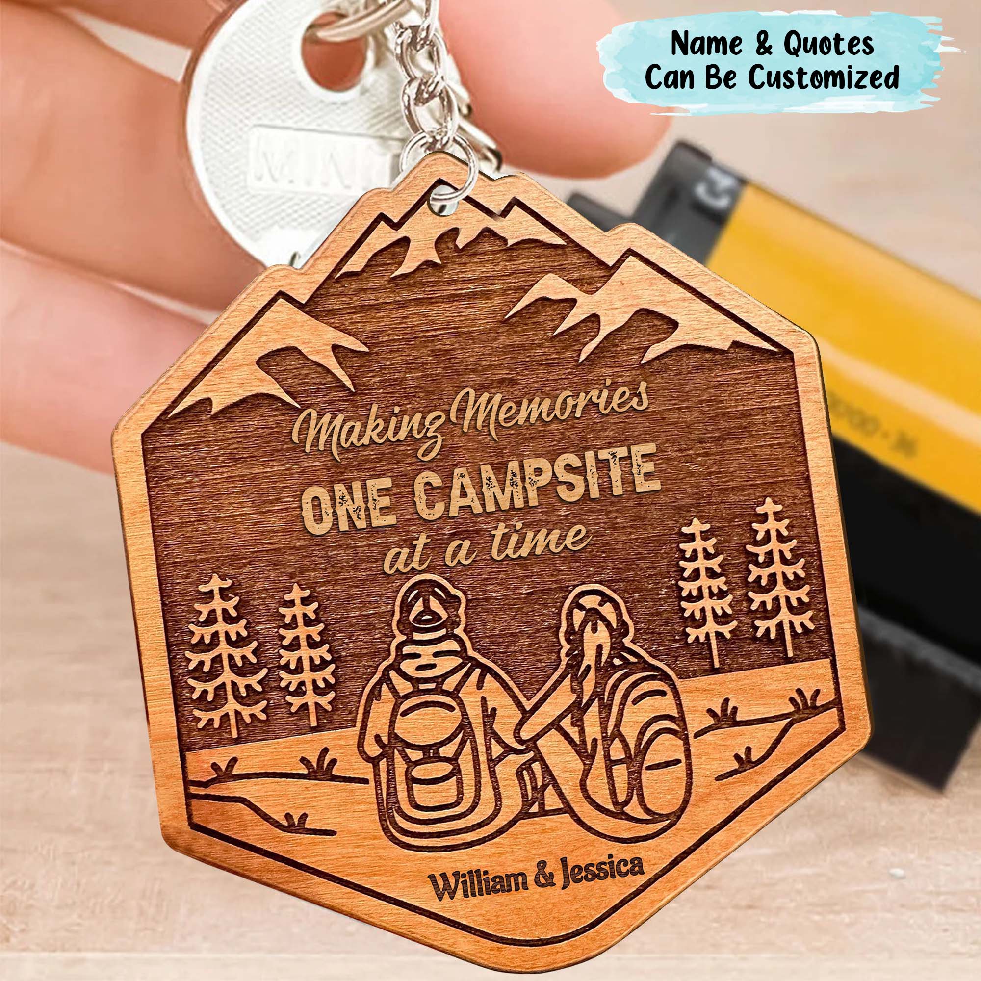 Happy Campers Personalized Couple Wood Keychain, Gift For Camping Lover, Valentine Couple Gift