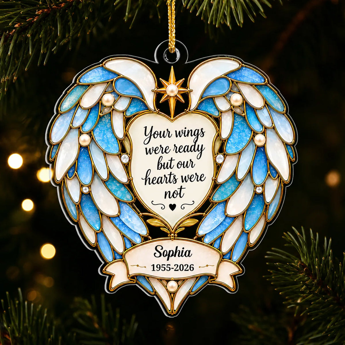 Cánh xanh trắng thành trái tim, ngôi sao; quote Your wings were ready but our hearts were not