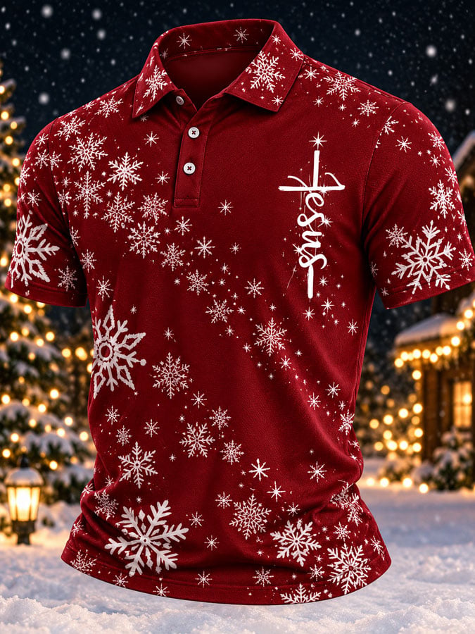 Jesus Cross Red Snowflake Christmas Polo Shirt for Men