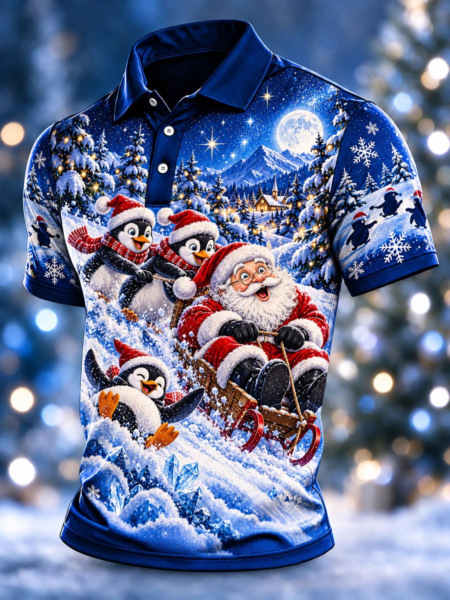 Santa Penguins Sledding Christmas Polo Shirt for Men