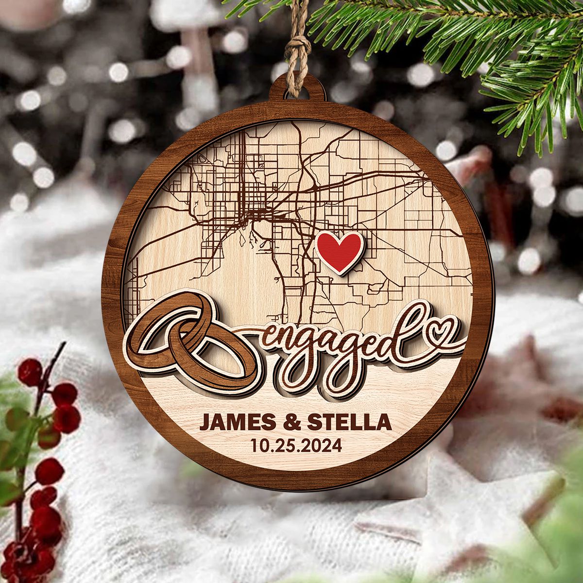 Personalized 2-Layered Wooden Engagement Ornament With Custom Map, Couple Gifts