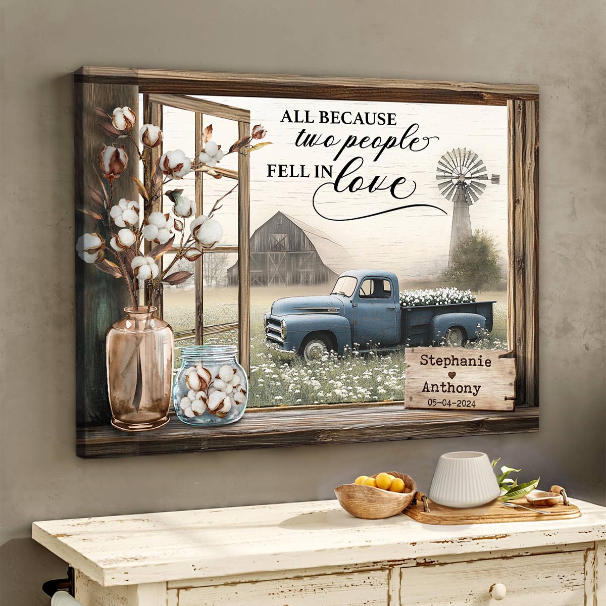 All Because Two People Fell In Love Custom Floral Farm Truck Canvas Wall Art, Couple Gifts