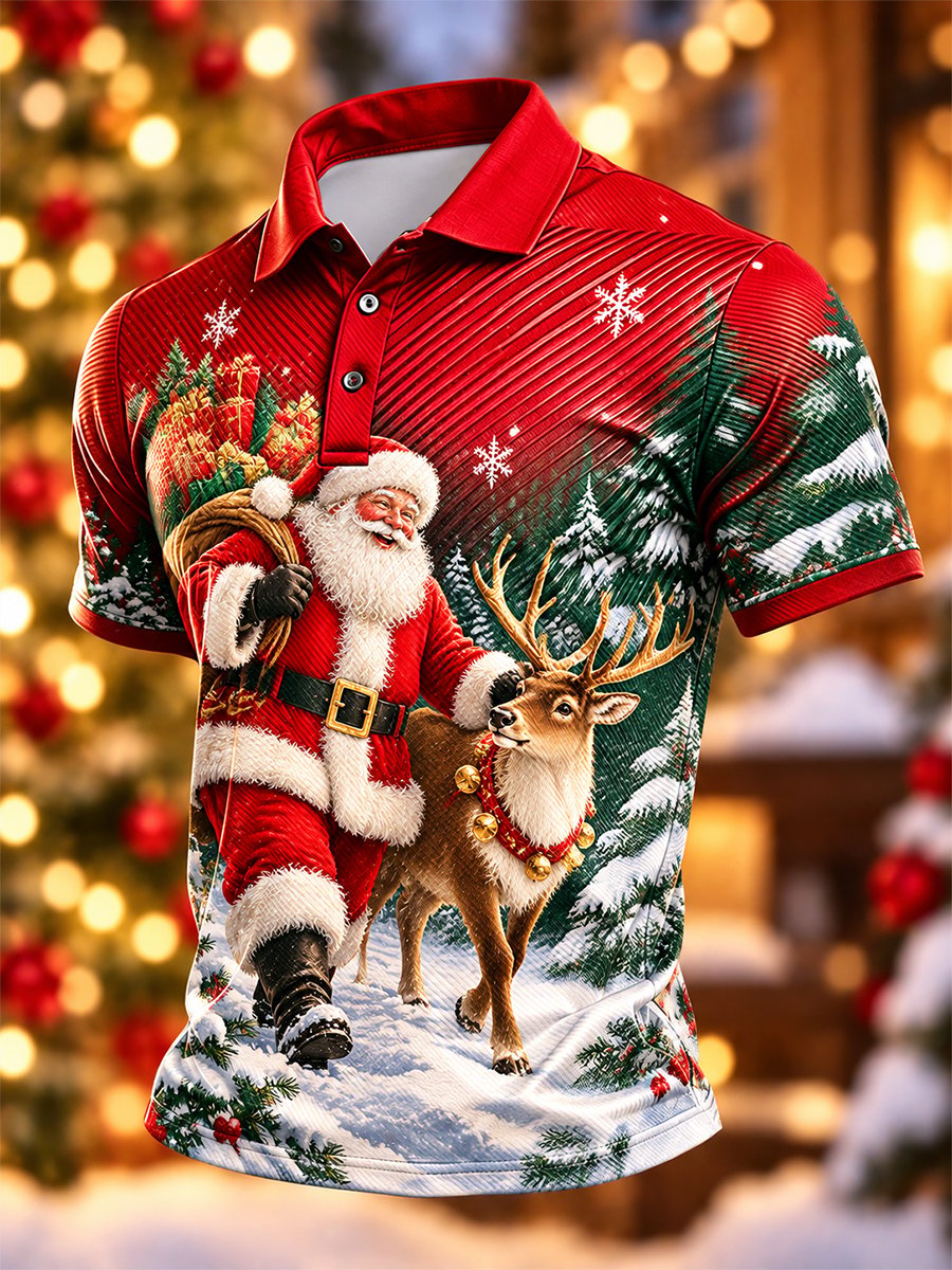Santa Claus And Reindeer Christmas Polo Shirt for Men