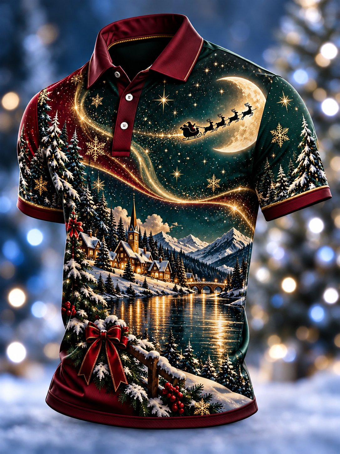 Crescent Moon Santa Sleigh Christmas Polo Shirt for Men