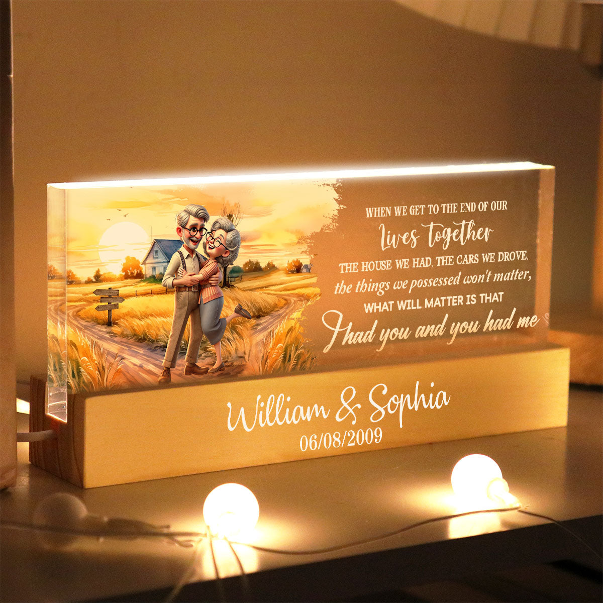 Happy Old Couple Custom Acrylic Block LED Night Light, Anniversary Gift Husband, Wife