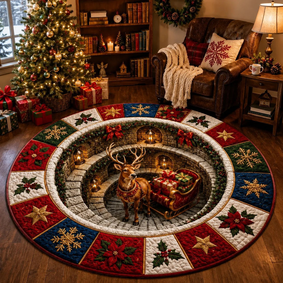 Reindeer Sleigh Christmas Well 3D Round Rug