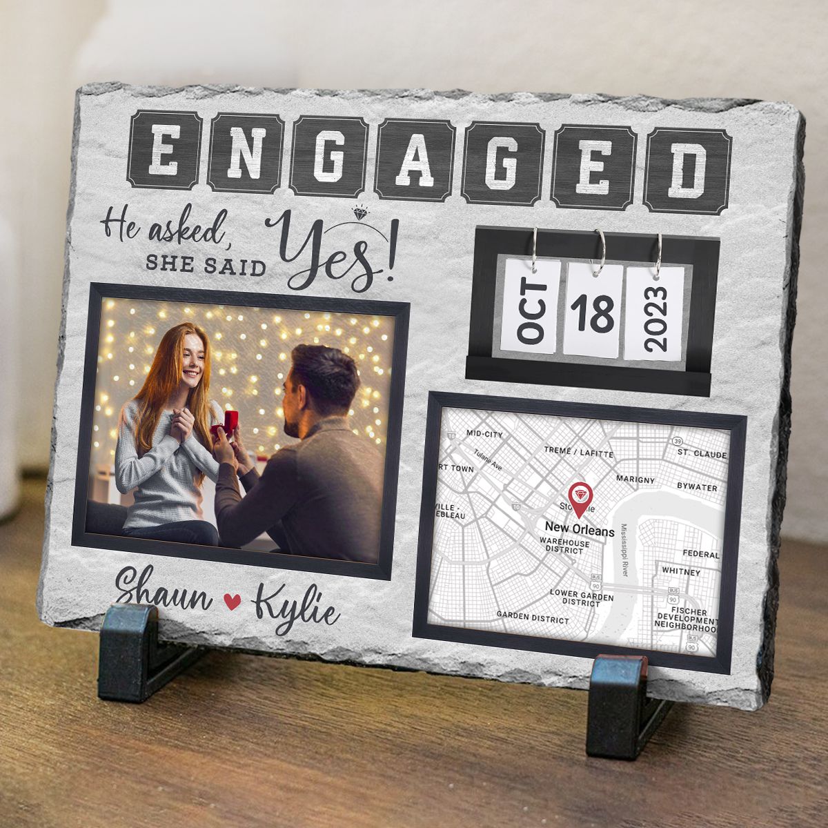 He Asked She Said Yes Personalized Rectangular Stone, Photo Slate, Anniversary Gift For Couple