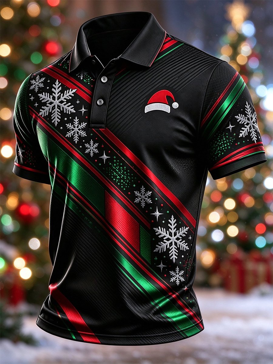 Santa Hat Snowflake Stripe Christmas Polo Shirt for Men