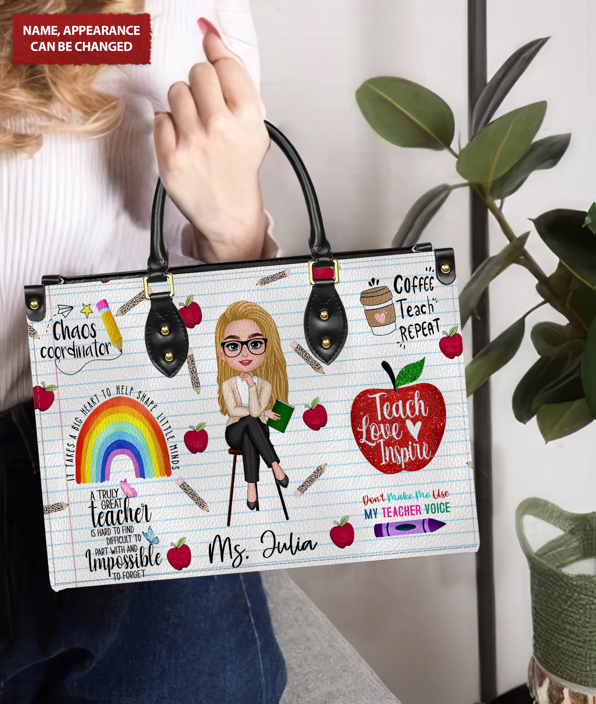 Teach Love Inspire Personalized Leather Handbag, Teacher Appreciation Gifts