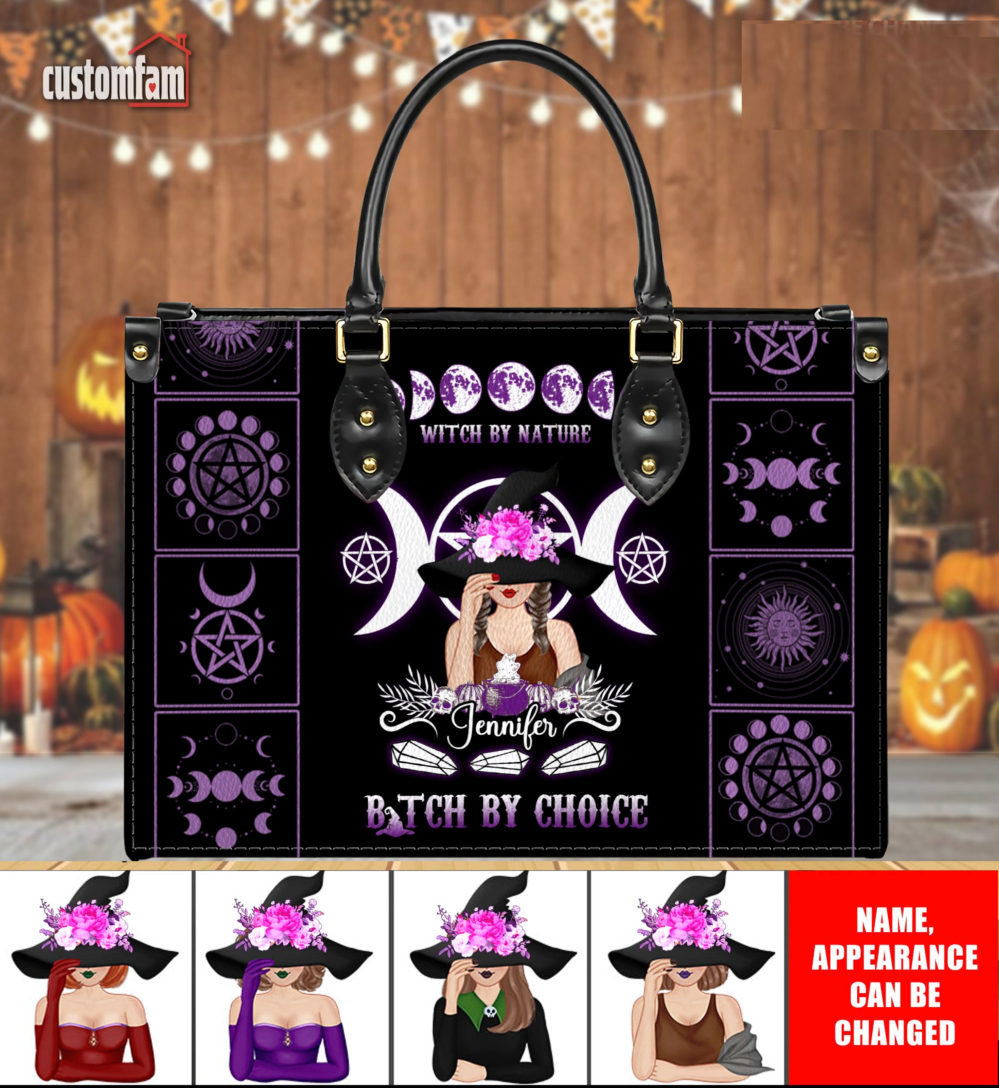 Witch By Nature Bitch By Choice Personalized Leather Handbag, Halloween Witch Gift