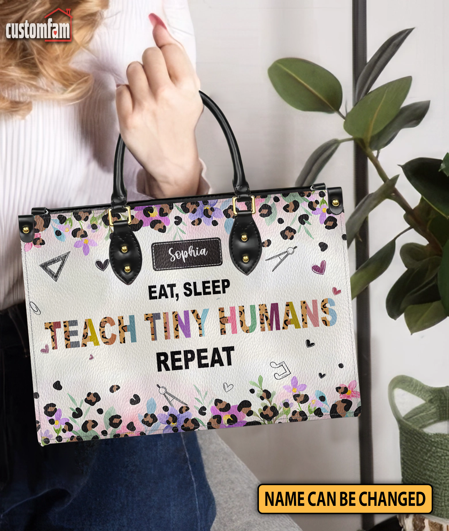 Eat, Sleep, Teach Tiny Humans Repeat Personalized Leather Handbag, Back To School Gift