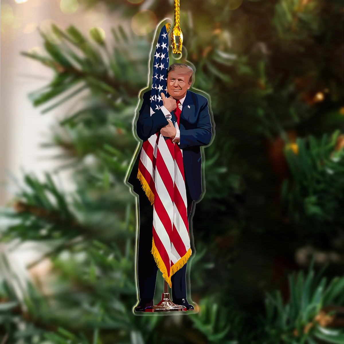 Trump2024 Hugging America Flag Acrylic Ornament, Funny Political Gift 2024, Christmas Ornament