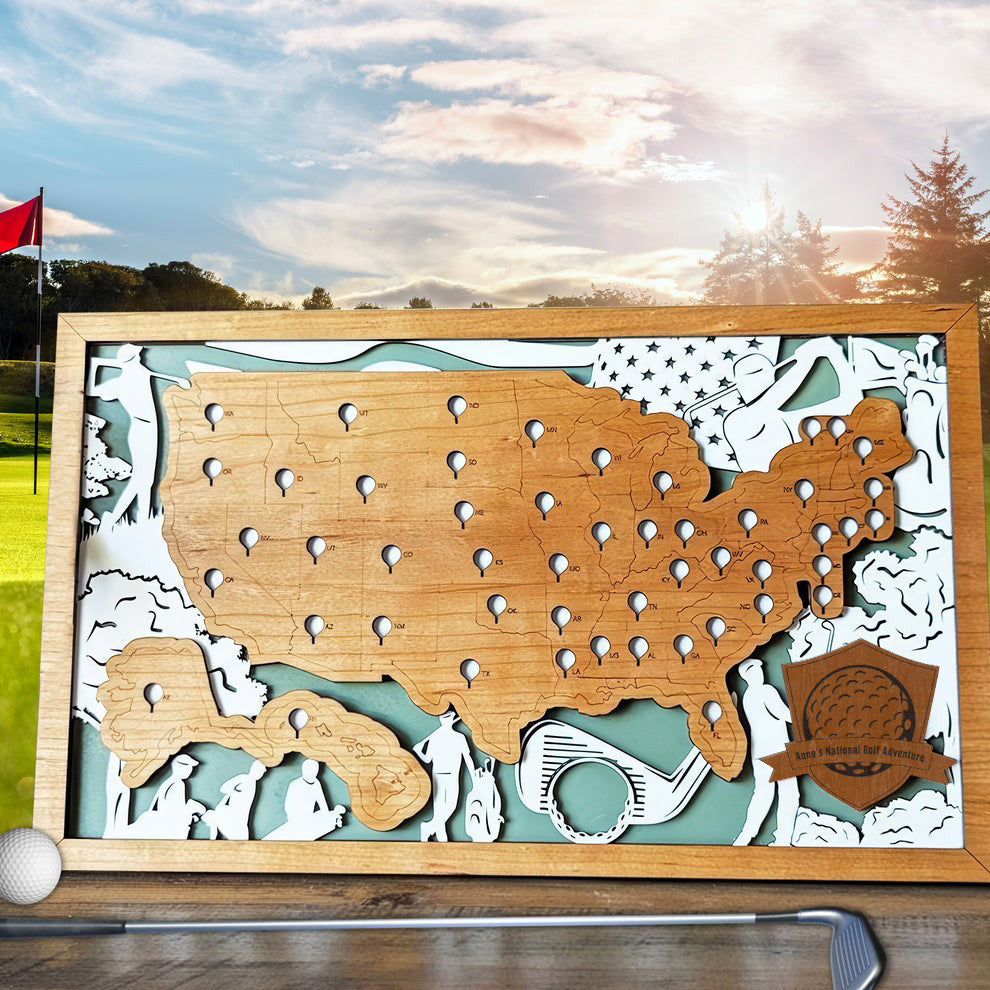 Golf Course Maps, Golf Map USA With Pin, Golf Wooden Travel Map, Gift For Golfer
