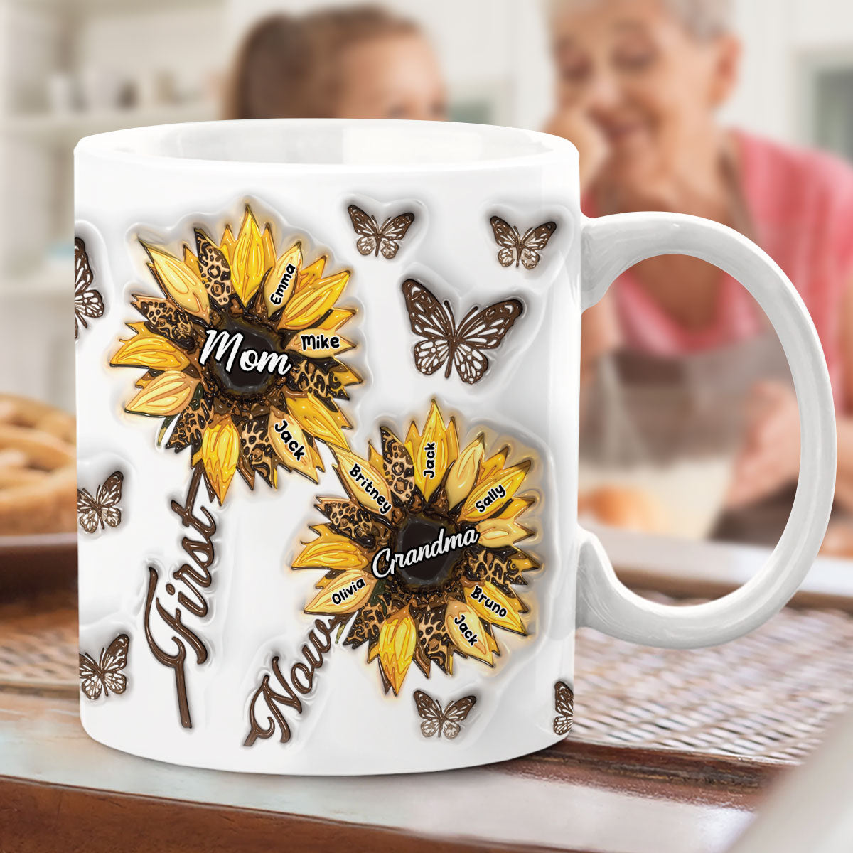 First Mom Now Grandma Sunflower Inflated Personalized Grandma Mug, Mother's Day Gifts