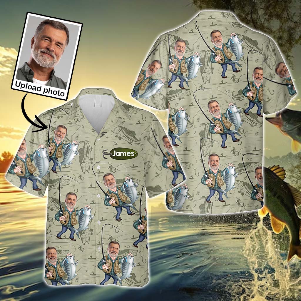 Funny Caricature Face Personalized Fishing Hawaiian Shirt, Fishing Gifts For Men