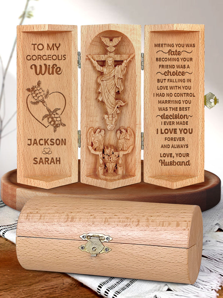 To My Wife Meeting You Was Fate Openable Wooden Cylinder Sculpture of Jesus Christ, Christian Gifts, Couple Valentine Gifts