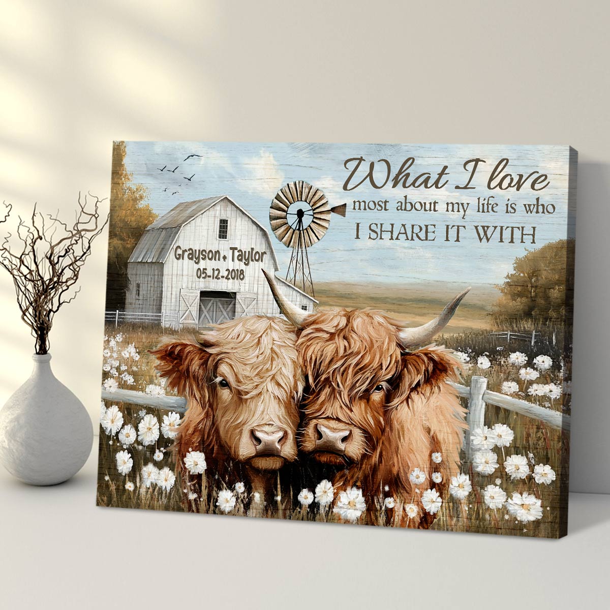 Farmhouse Highland Cow Custom Couple Canvas Wall Art, Wedding Anniversary Gifts