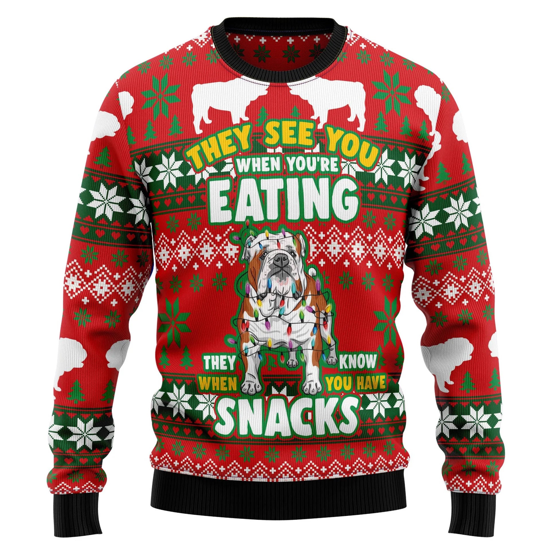 Bulldog Snacks Ugly Christmas Sweater, Unique Christmas Gift