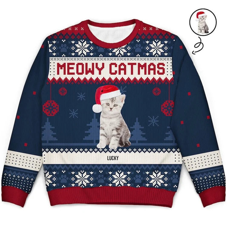 Personalized Custom Name Photo Insert Mewy Catmas Ugly Christmas Sweater, Unique Christmas Gift