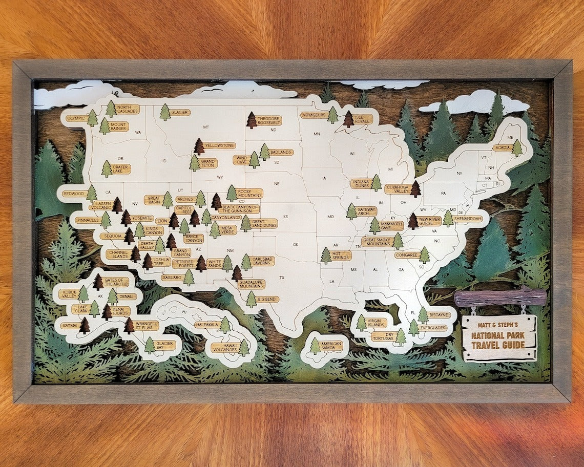 National Park Map In USA, Personalized Wooden Travel Map, Gift For Travelers