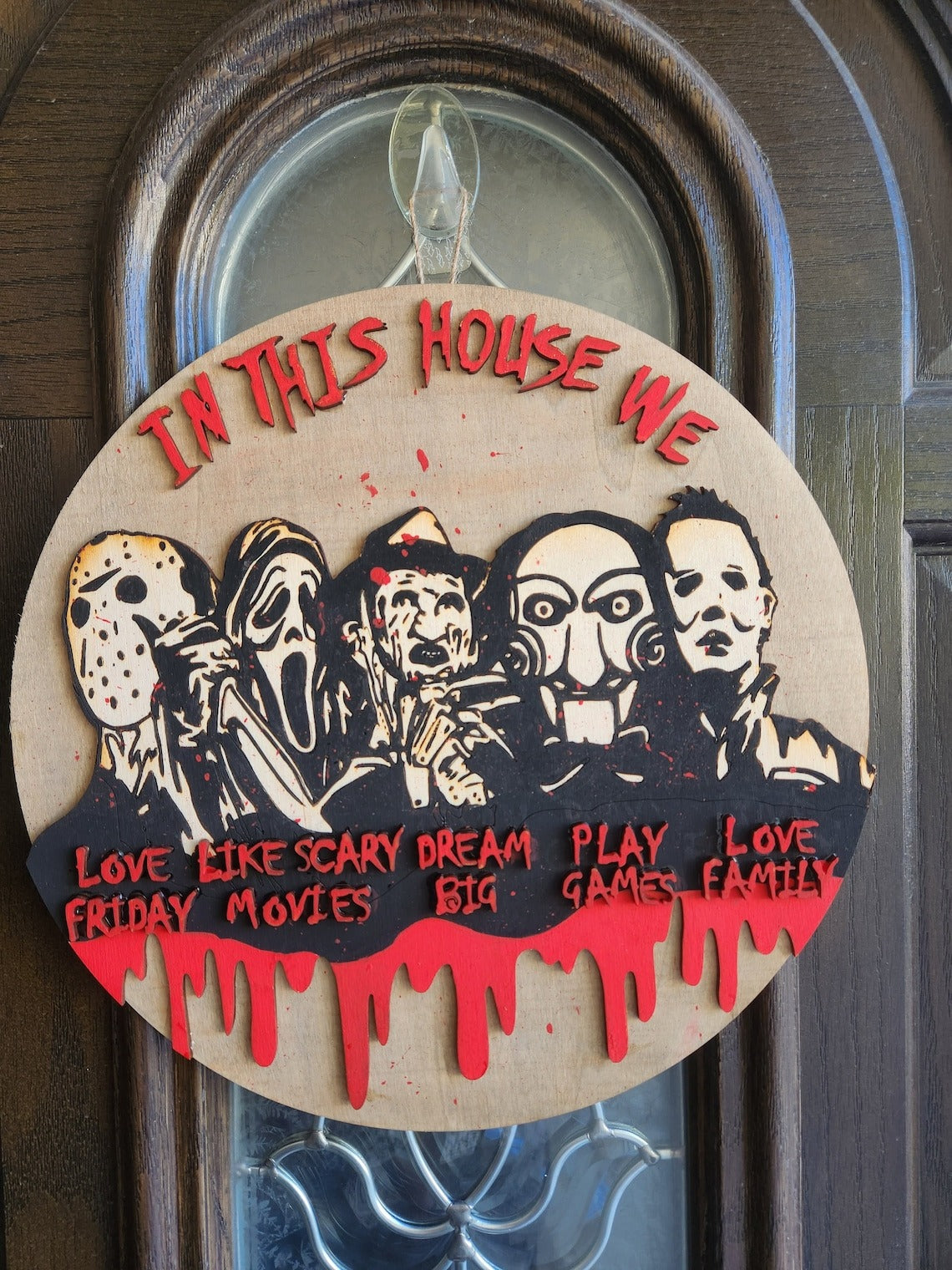 In This House We Horror Movie Door Hanger, 2 Layered Wooden Sign, Halloween Decor