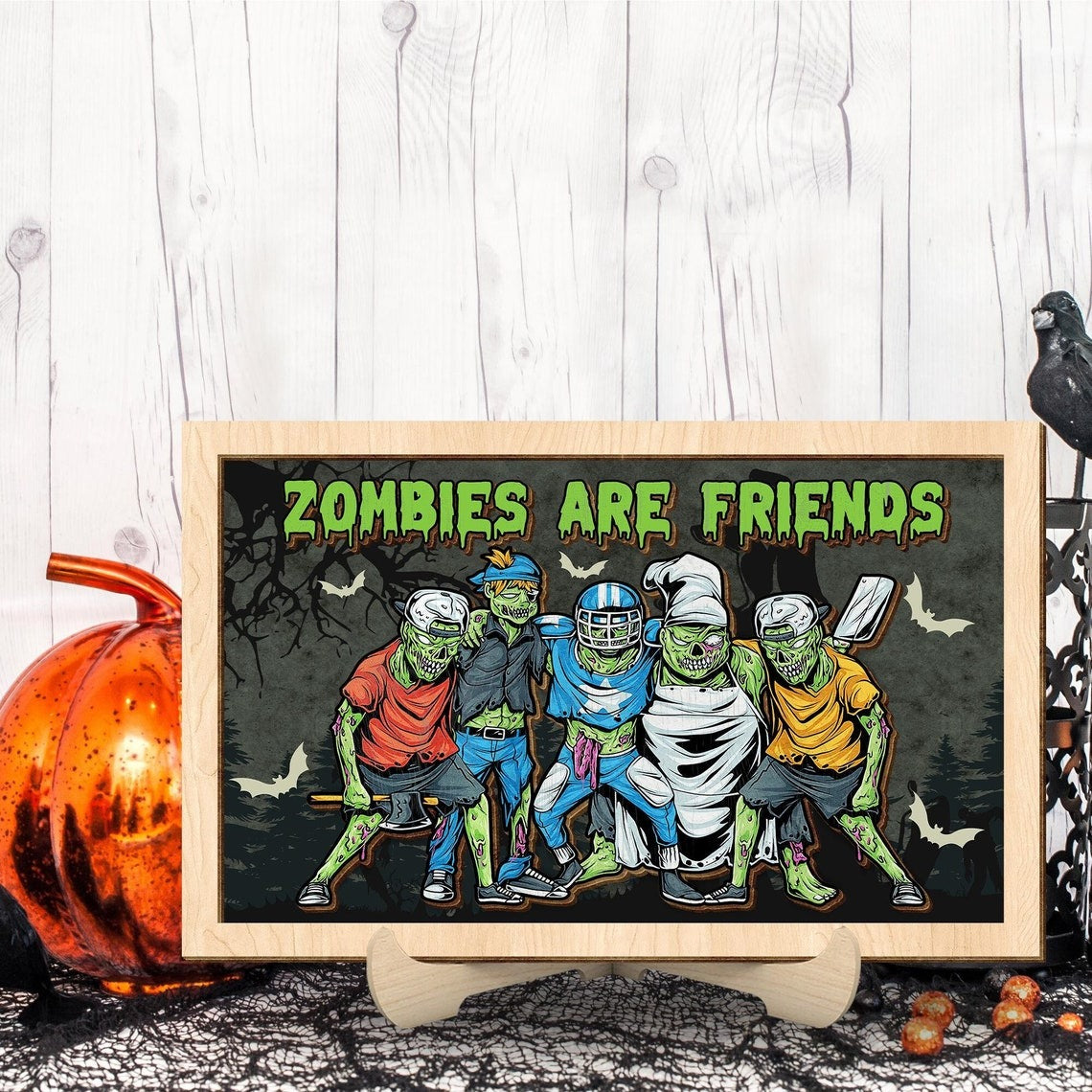 Zombies Are Friends Frame 2 Layered Wood Sign, Halloween Decor