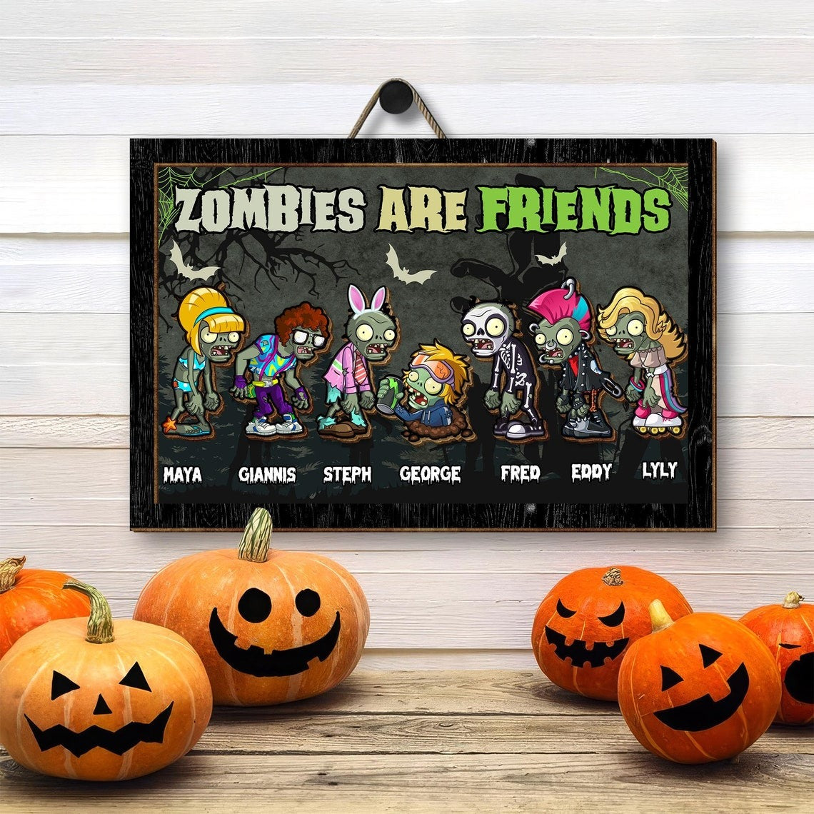 Zombies Are Friends Funny 2 Layered Frame Wood Sign, Halloween Decor