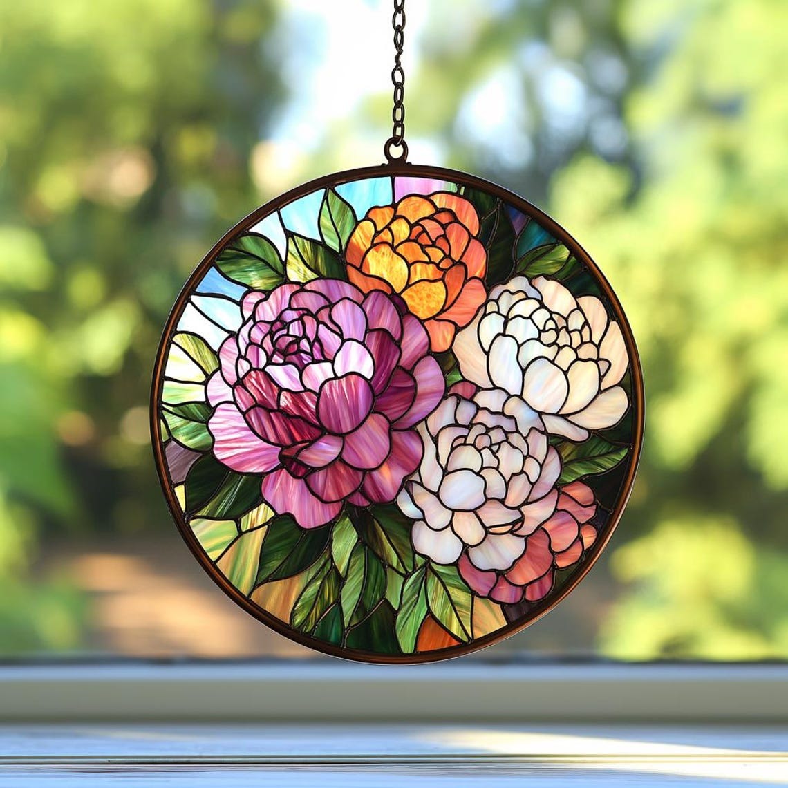 Peony Acrylic Window Suncatcher Ornament, Window Decor, November Birth Flower