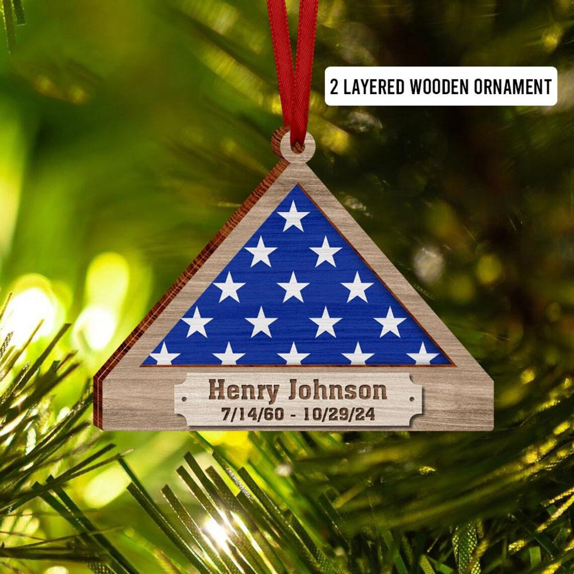 Personalized Veteran Memorial Christmas Ornament, Military Ornament, Sympathy Flag Keepsake