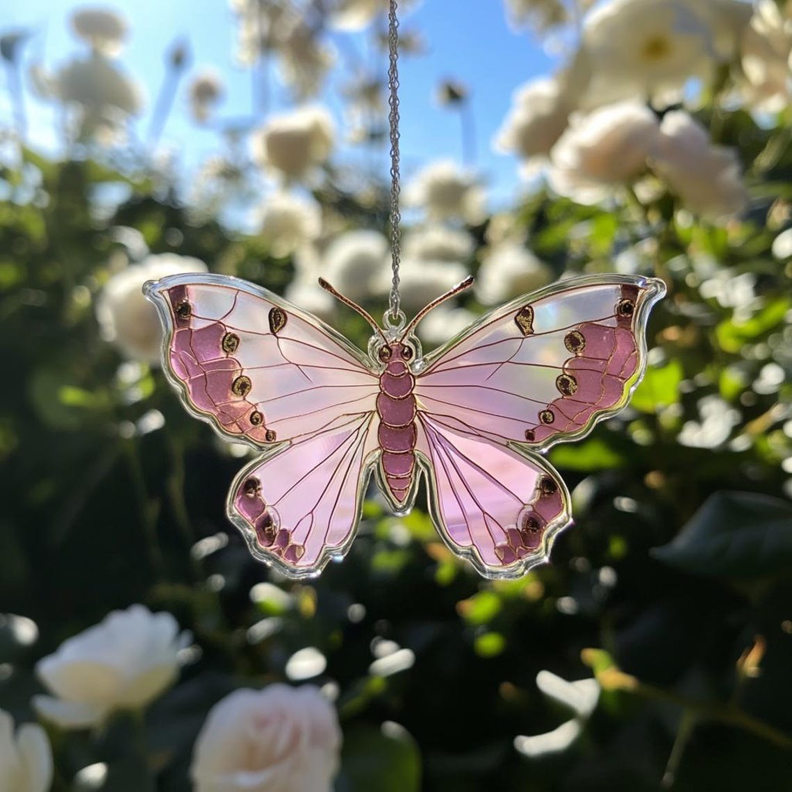 Pink Moth Butterfly Acrylic Suncatcher Ornament, Butterfly Garden Decor