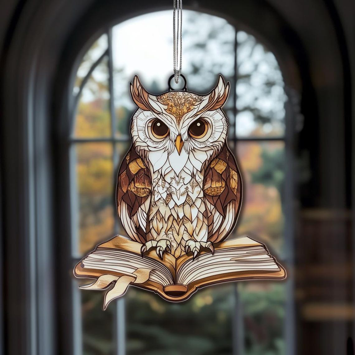 Gothic Owl Book Acrylic Suncatcher Ornament, Librarian Gift, Gift For Book Lovers