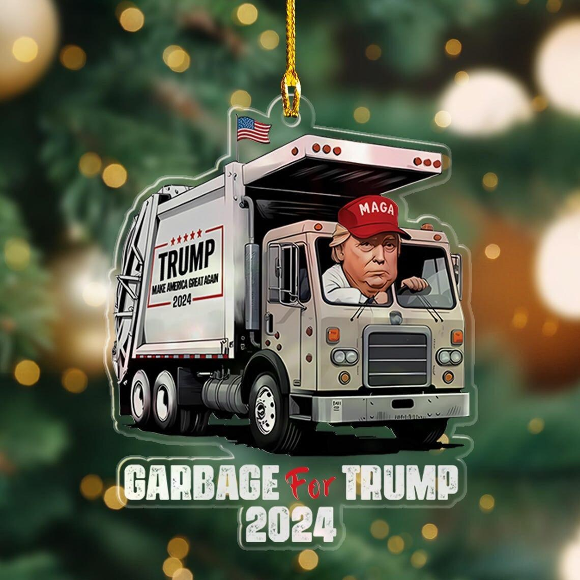 MakeAmericanGreatAgain, Trump2024 Driving Garbage Truck, Funny Political Acrylic Ornament, Christmas Decor