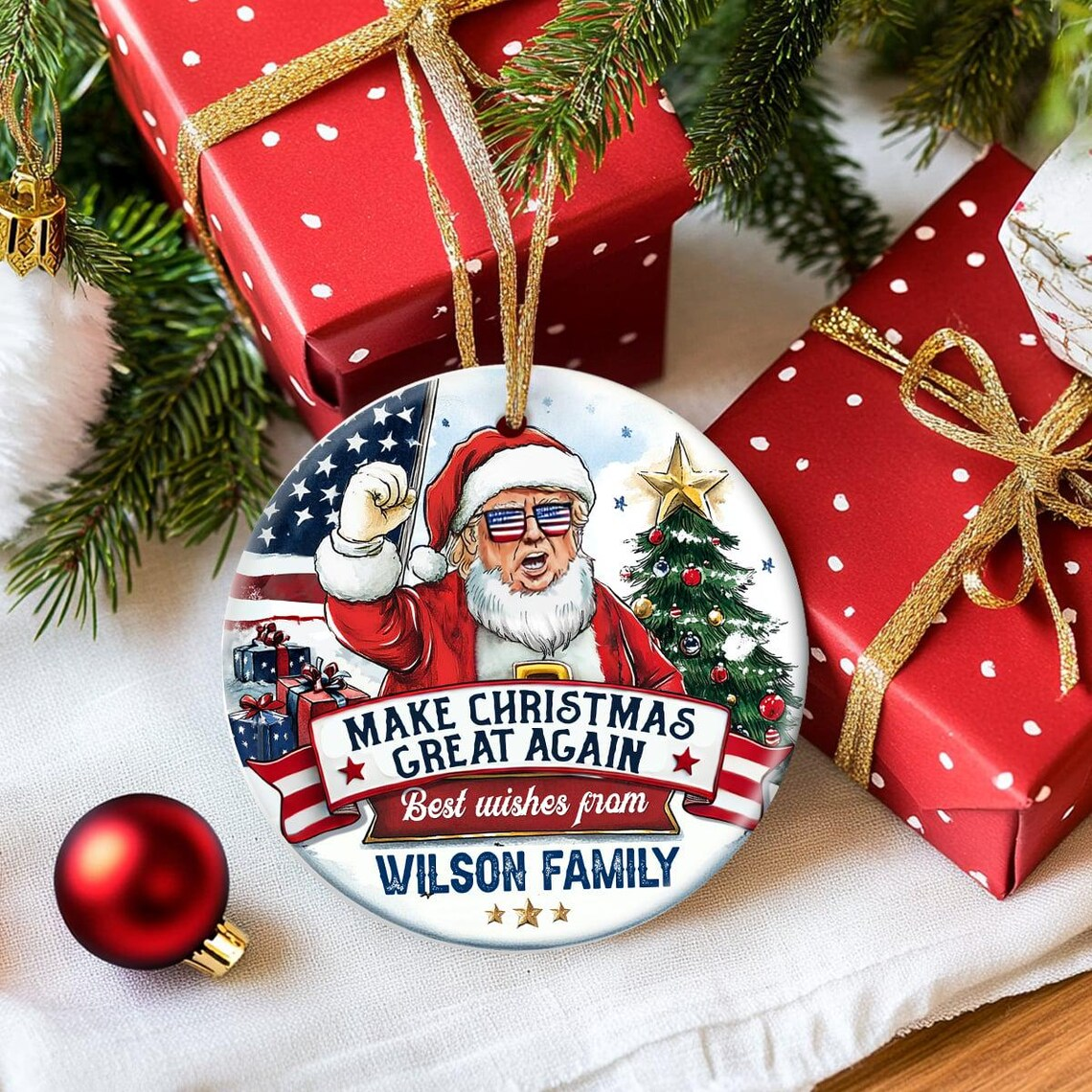 Make Christmas Great Again, Trump2024, US President Funny Christmas Custom Family  NameCeramic Ornament, Christmas Decor