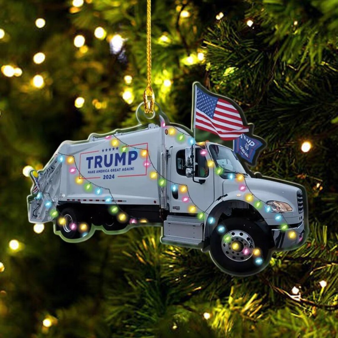 MakeAmericanGreatAgain, Trump2024 Garbage Truck With Light, Unique Political Acrylic Ornament, Christmas Decor