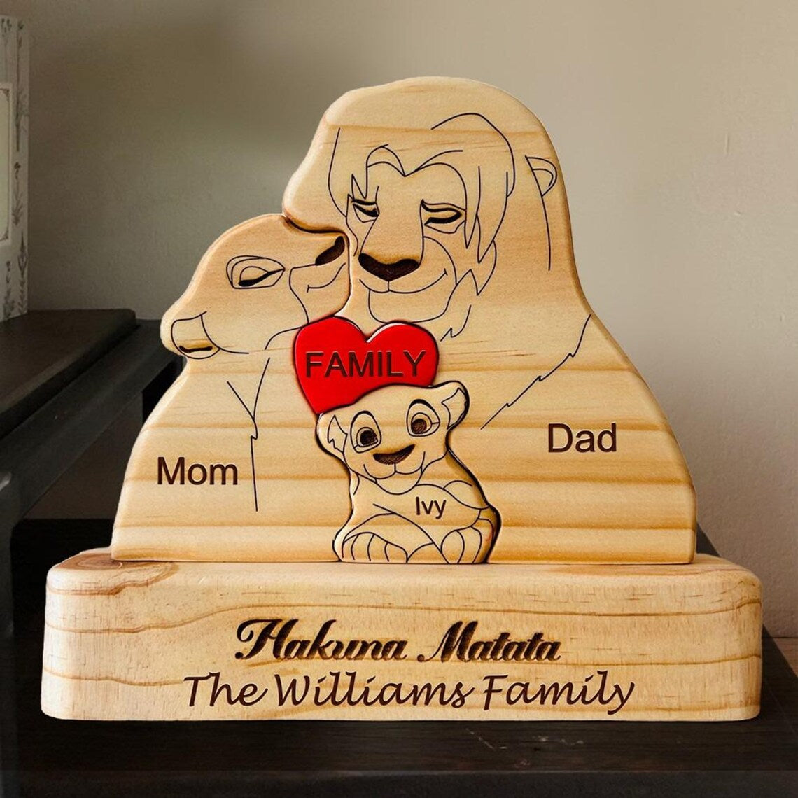 Custom Engraved Wooden Lion Family Family Puzzle, Mother's Day Gift, Father's Day Gift