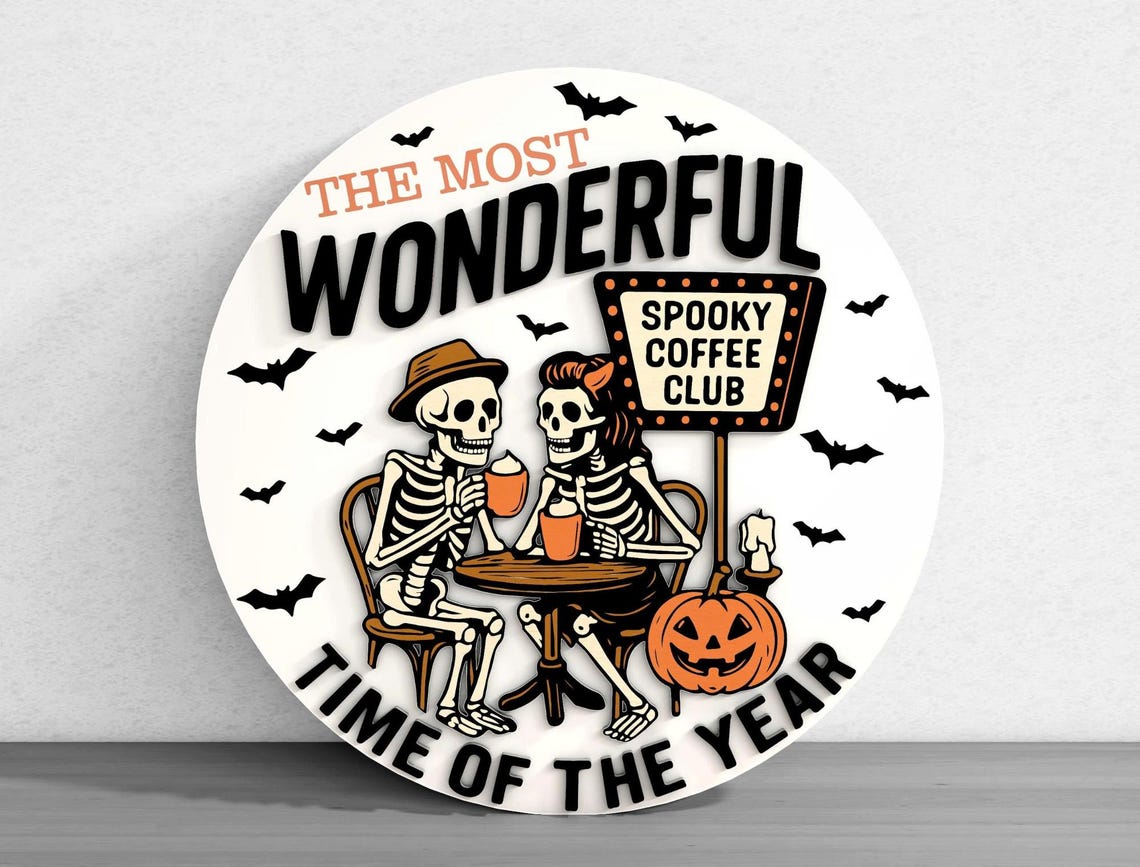 Spooky Coffee Skeleton Pumpkin Wood Signs Outdoor, Halloween Door Hanger, Halloween Door Decor