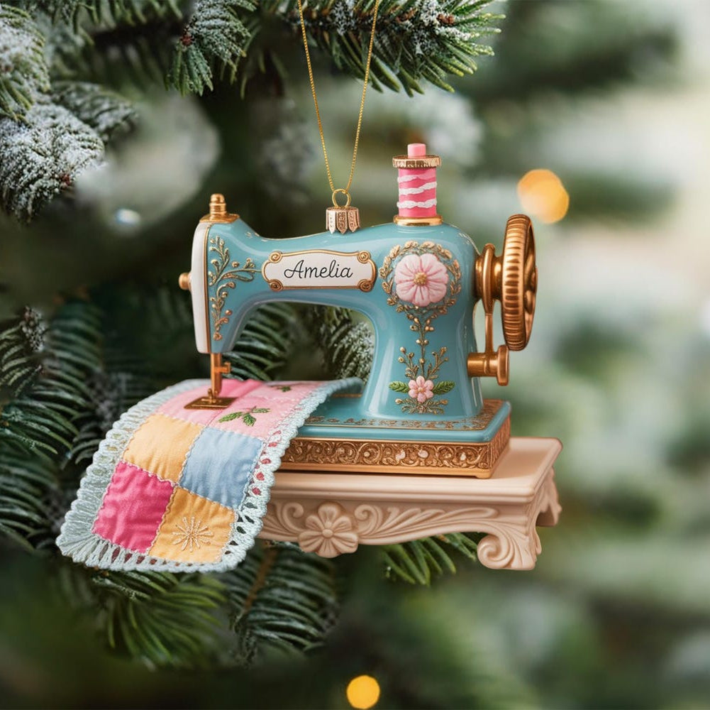 Personalized Sewing Machine Acrylic Ornament, Seamstress Gift, Toile De Jouy Xmas Tree Decor