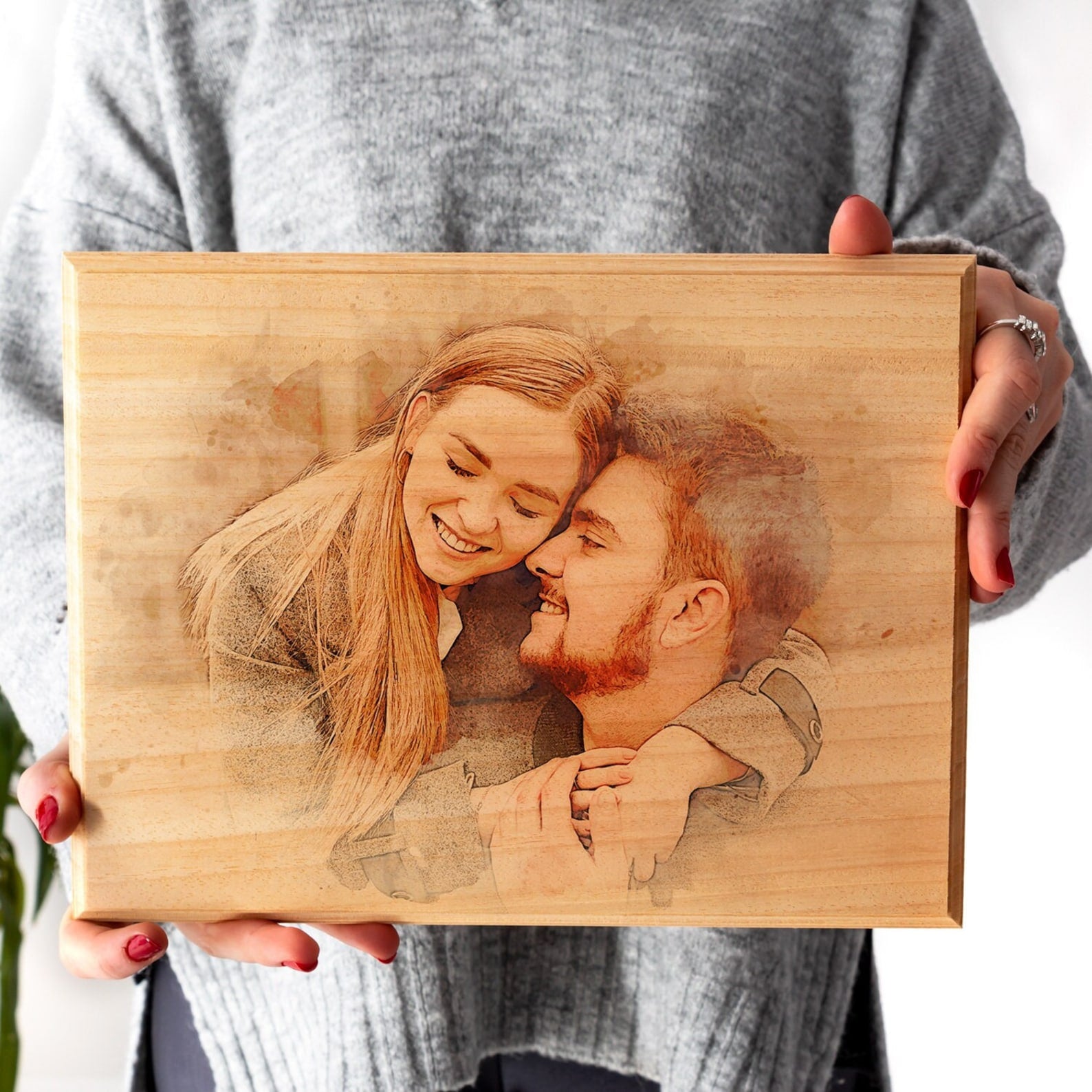 Custom Engraved Photo on Wood, Watercolor Wall Art, Valentine Gift For Couple