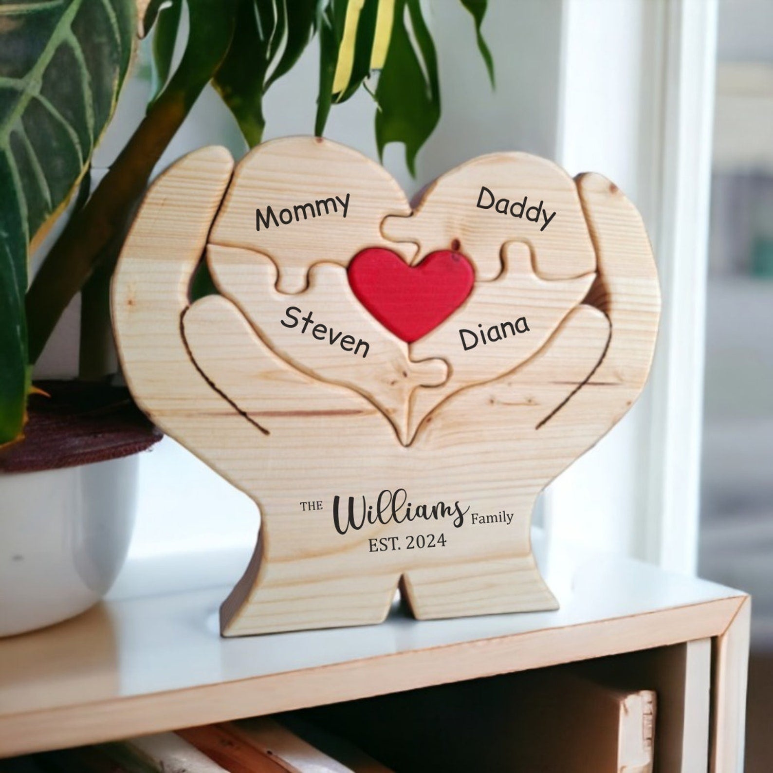 Hand Holding A Family Heart Customize Engraved Wooden Puzzle, Mother's Day Gift, Father Day's Gift, Home Decor