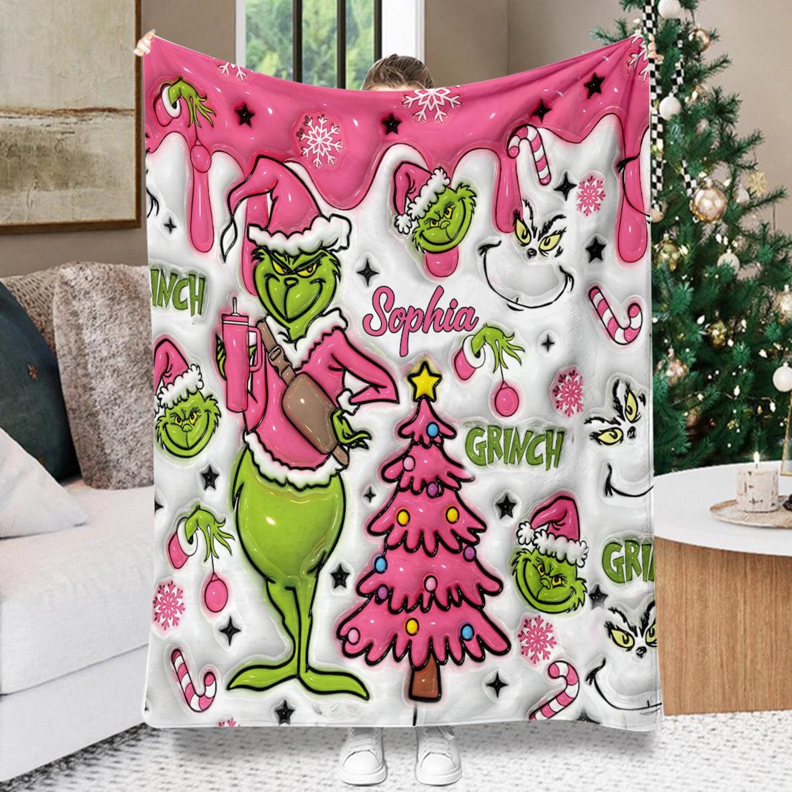 Personalized Pink Grinchy Snowflake Christmas Blanket, Merry Grinchmas, Christmas Gift